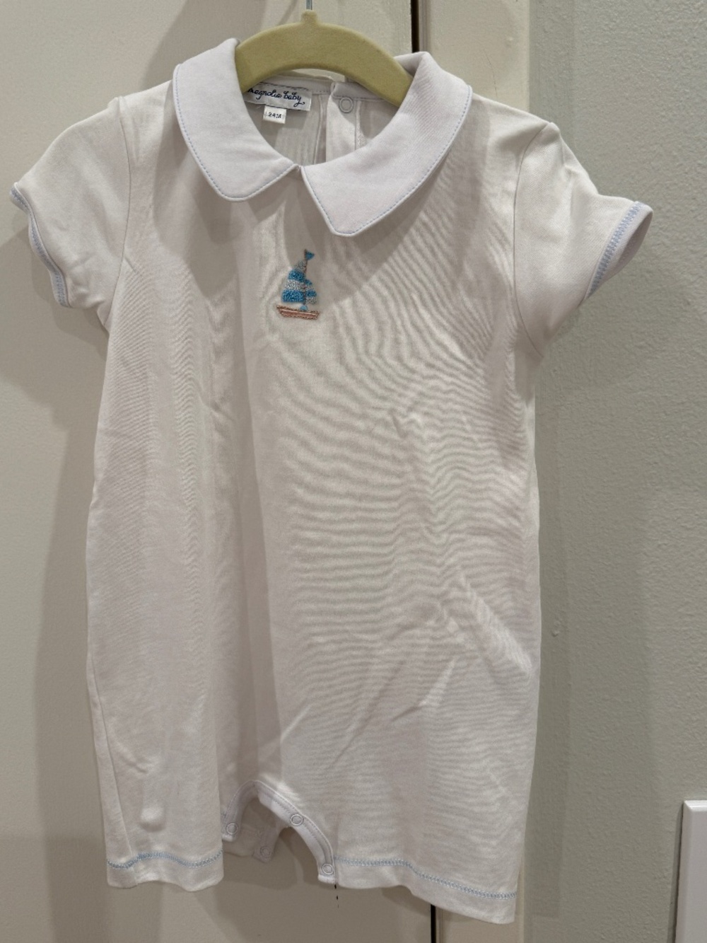 Magnolia Baby White Sailboat Boys Short Romper 24mo